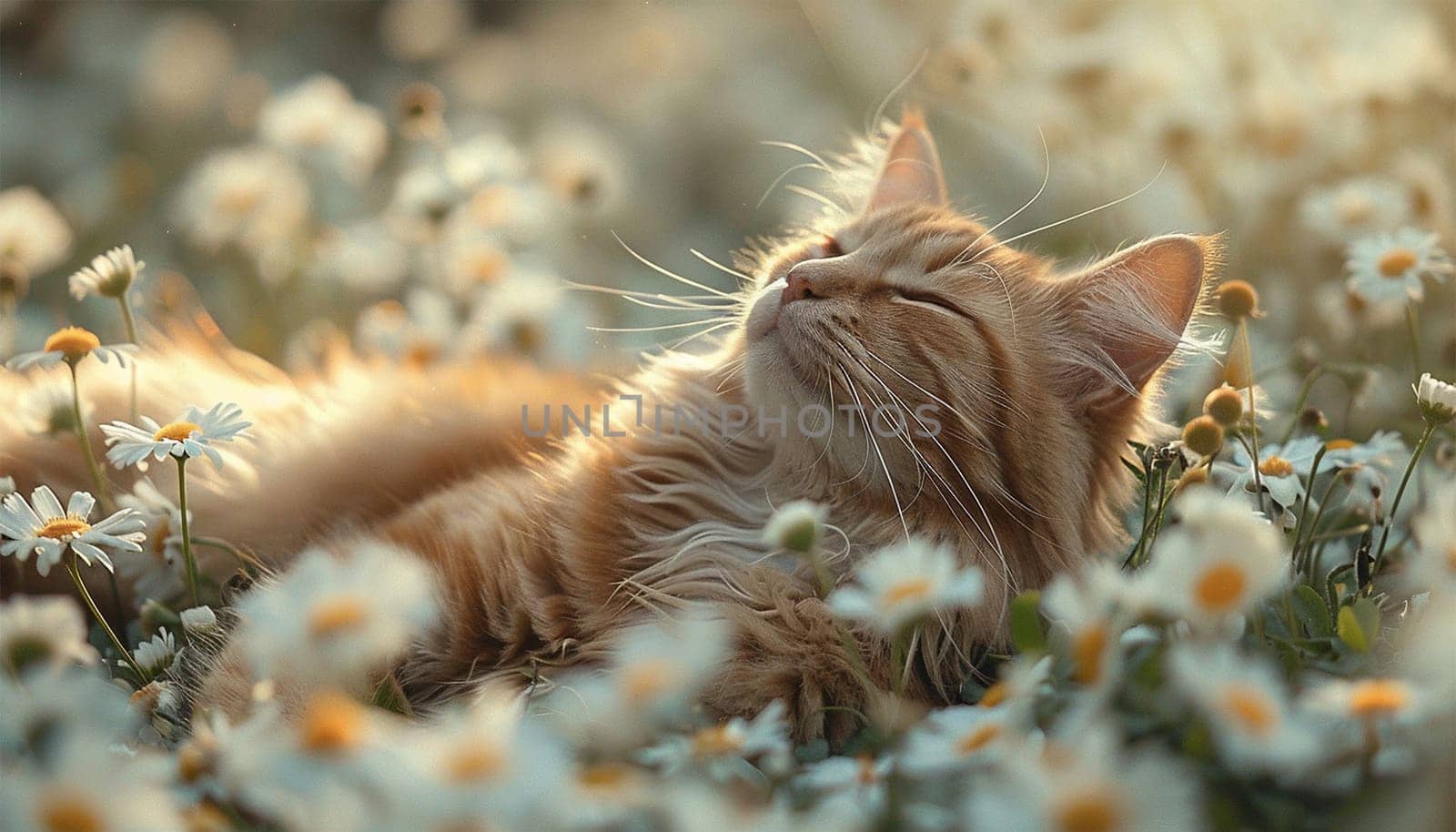 Portrait of a cute tabby cat in grass and flowers. Lies in a spring daisy flower field. Enjoy life! Walking Pets in nature. Wild daisies. Ginger cat playful in nature close up