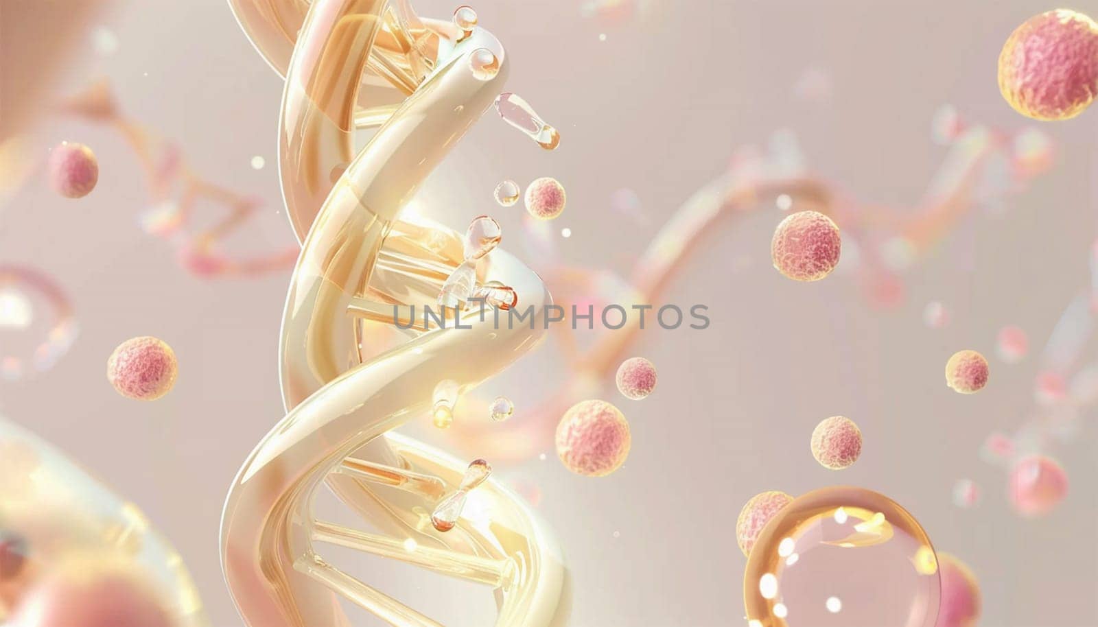 DNA Cosmetics golden serum liquid bubbles abstract background. Cosmetic moisturizer essence gel. Collagen fluid bubble molecule. Moisturizing cream or oil for personal health care and beauty skin concept