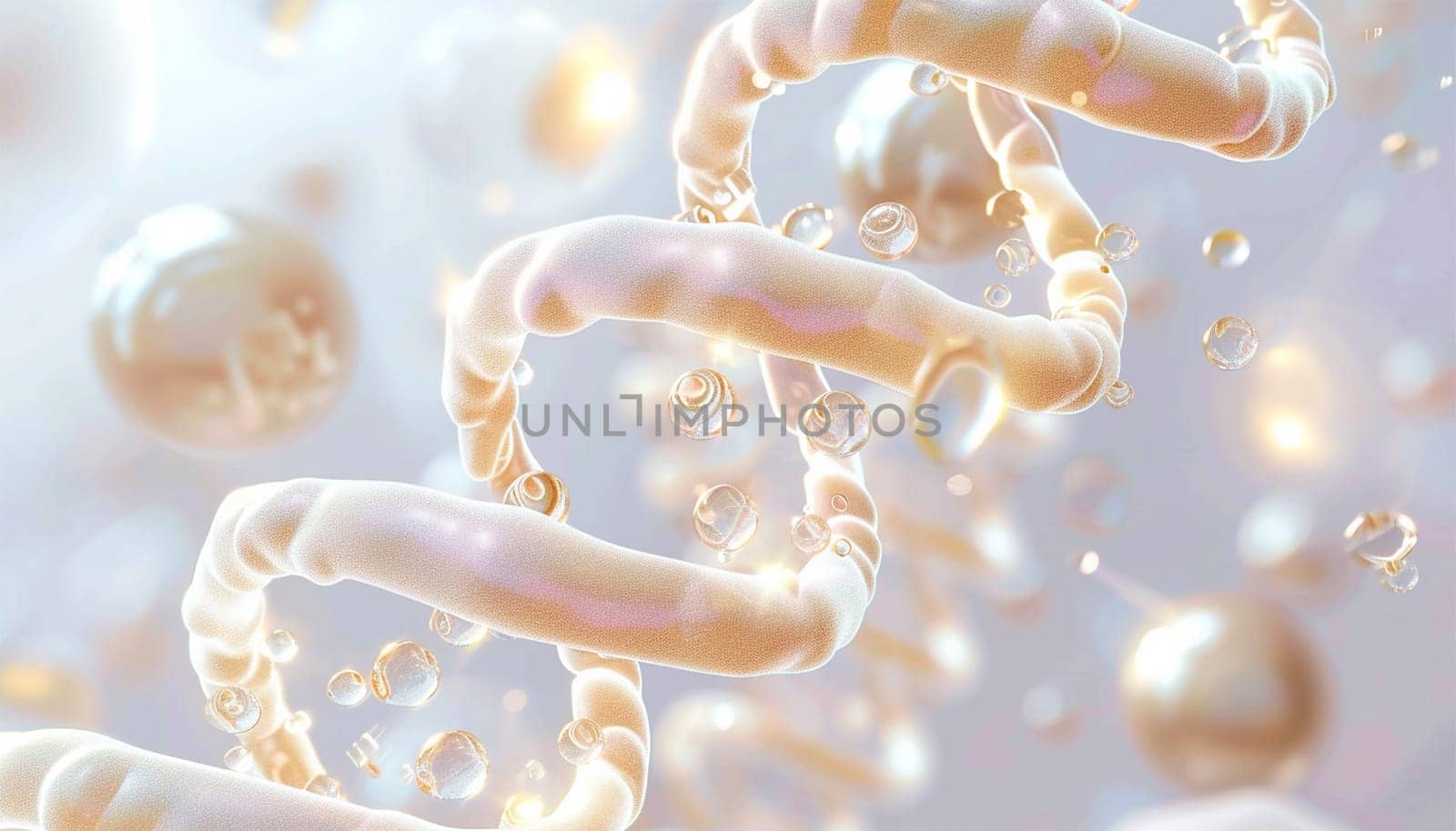 DNA Cosmetics golden serum liquid bubbles abstract background. Cosmetic moisturizer essence gel. Collagen fluid bubble molecule. Moisturizing cream or oil for personal health care and beauty skin concept