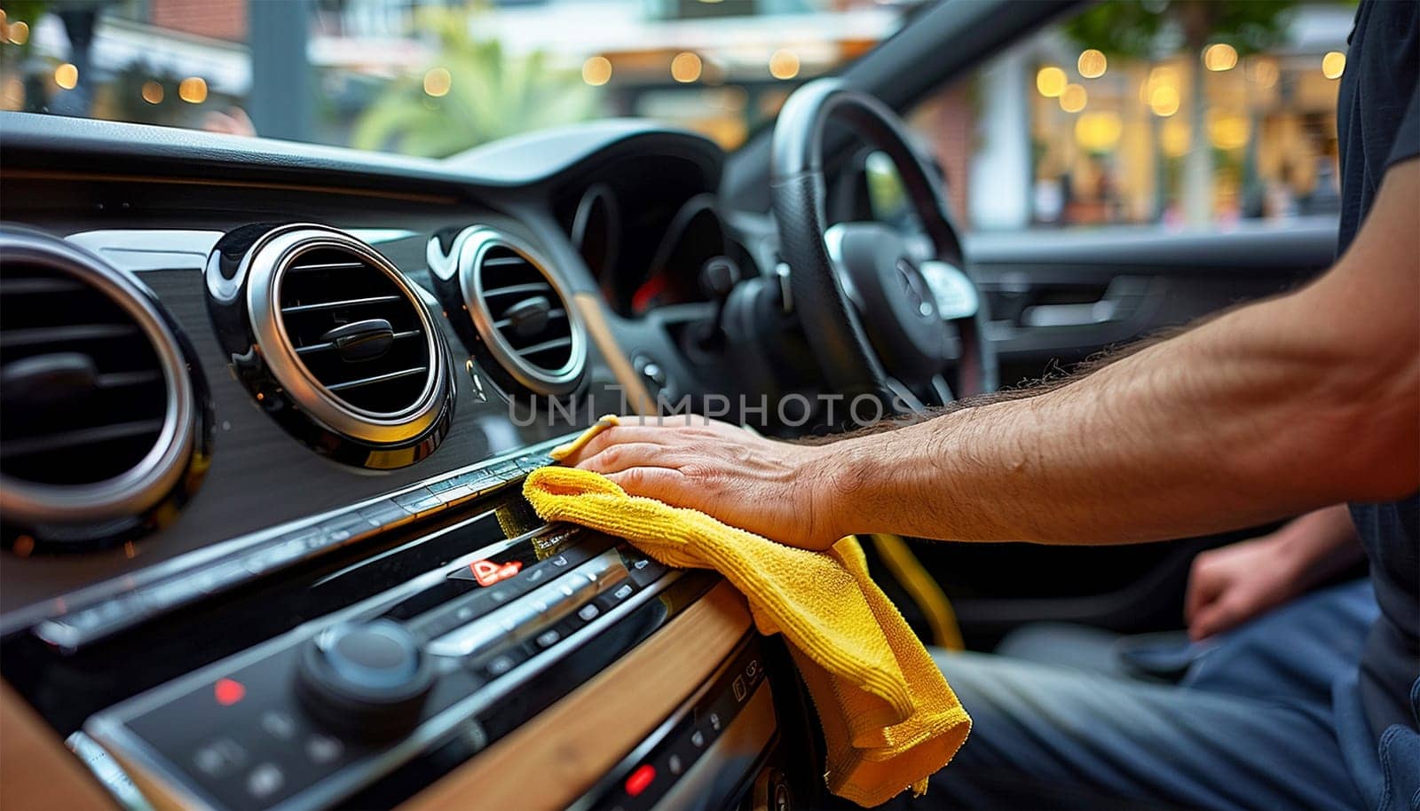 Man cleaning his car interior. Cleaning the car dashboard with yellow cloth. Topical car wash and care. protection of the interior of the automobile. cleaning, health and care concept. Close up