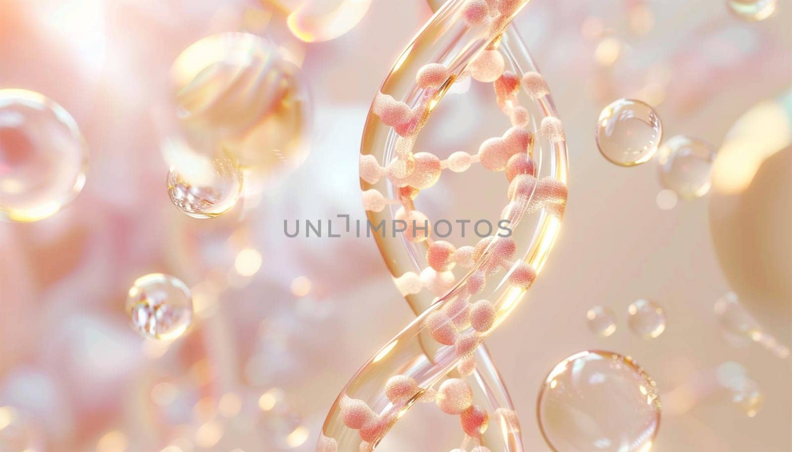 DNA Cosmetics golden serum liquid bubbles abstract background. Cosmetic moisturizer essence gel. Collagen fluid bubble molecule. Moisturizing cream or oil for personal health care and beauty skin concept
