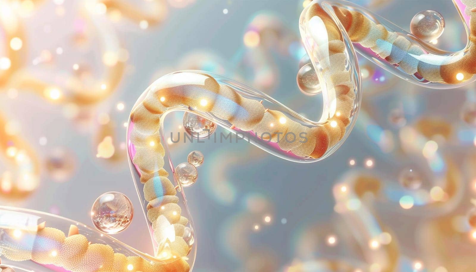 DNA Cosmetics golden serum liquid bubbles abstract background. Cosmetic moisturizer essence gel. Collagen fluid bubble molecule. Moisturizing cream or oil for personal health care and beauty skin concept