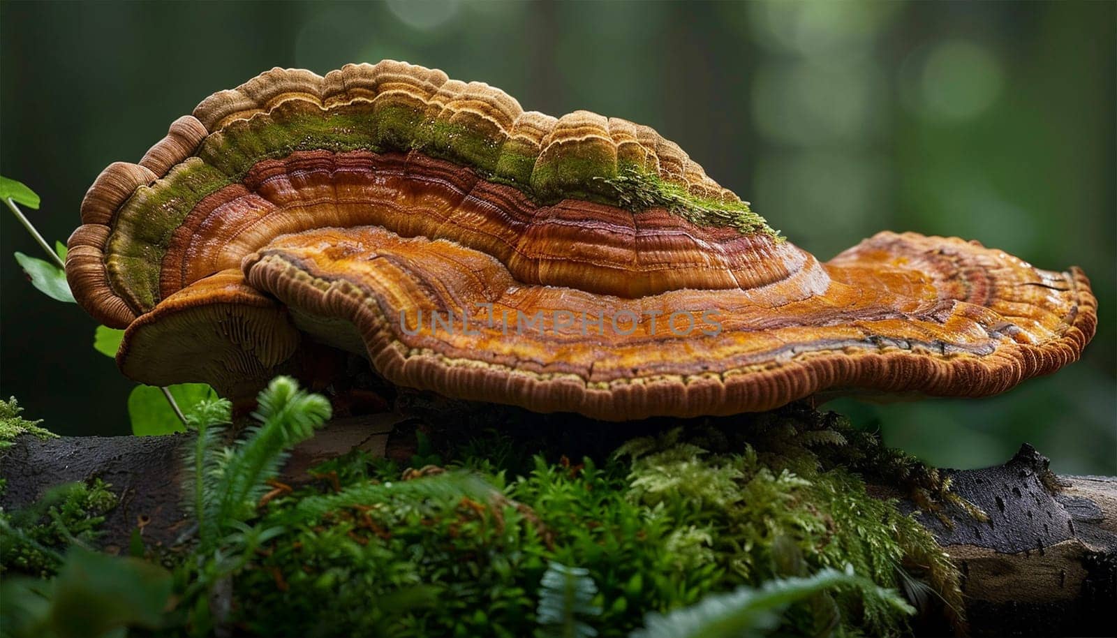 Ganoderma lucidum(Reishi mushroom),reddish laccate mushrooms on decaying hardwood trees in nature. Autumn forest background copy space Space for text