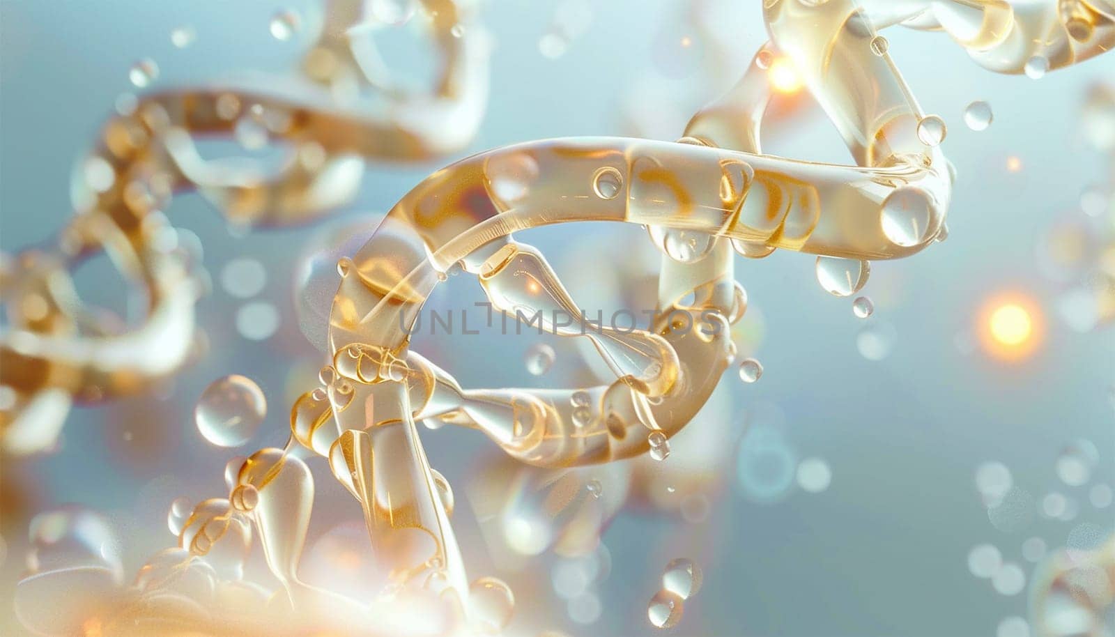 DNA Cosmetics golden serum liquid bubbles abstract background. Cosmetic moisturizer essence gel. Collagen fluid bubble molecule. Moisturizing cream or oil for personal health care and beauty skin concept