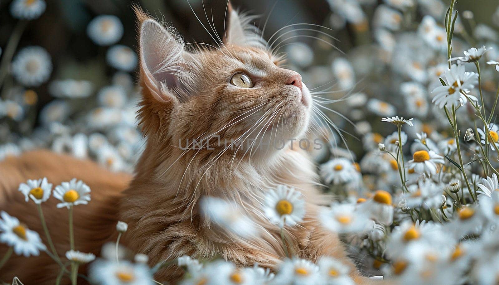 Portrait of a cute tabby cat in grass and flowers. Lies in a spring daisy flower field. Enjoy life! Walking Pets in nature. Wild daisies. Ginger cat playful in nature close up