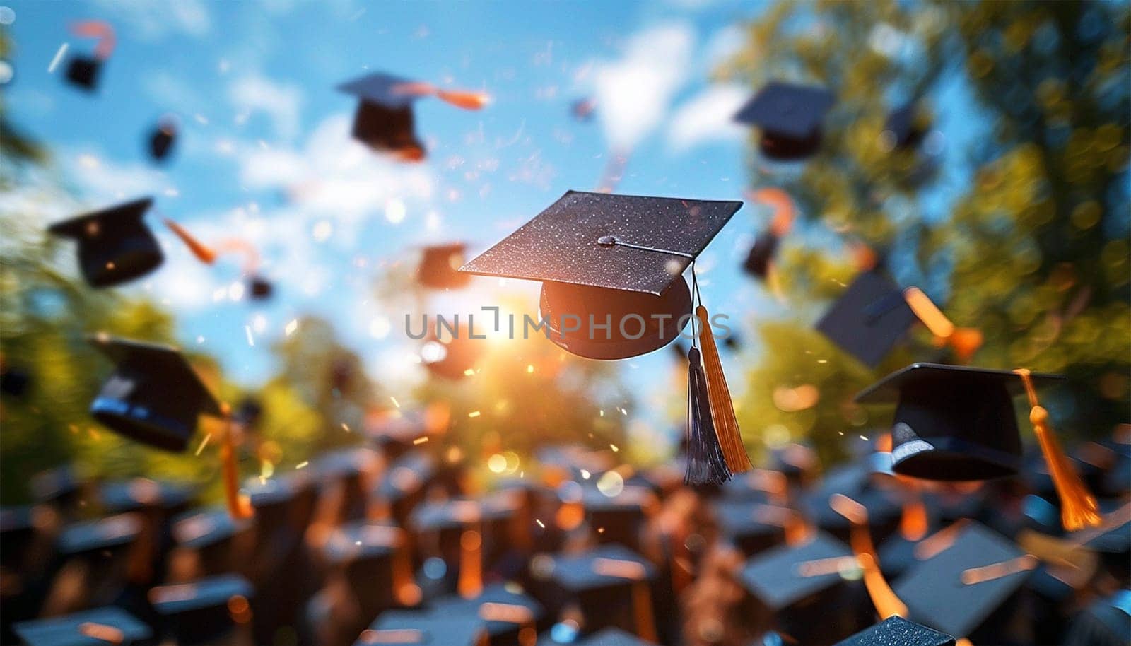 Graduation caps flying in the sky. Students celebrate graduation. education and people concept, students throwing graduation caps in the air festive