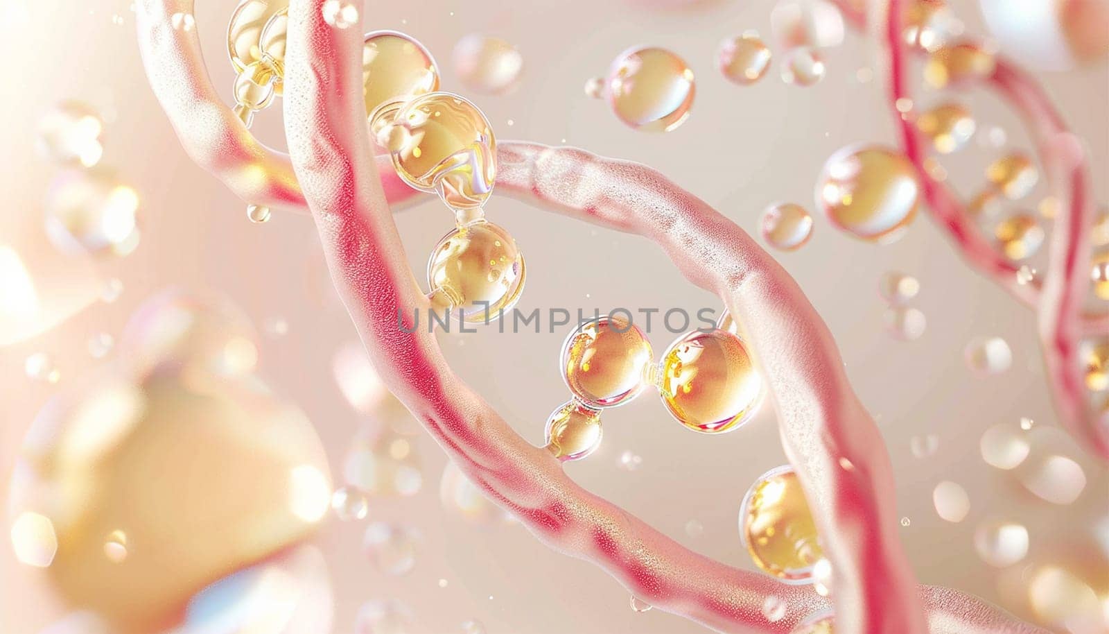 DNA Cosmetics golden serum liquid bubbles abstract background. Cosmetic moisturizer essence gel. Collagen fluid bubble molecule. Moisturizing cream or oil for personal health care and beauty skin concept