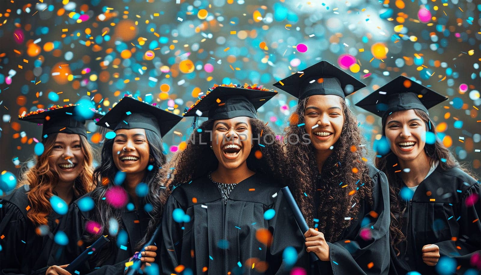 Group of Diverse International Graduating Students Celebrating. Diverse students celebrate graduation at high school. Academic journey festive