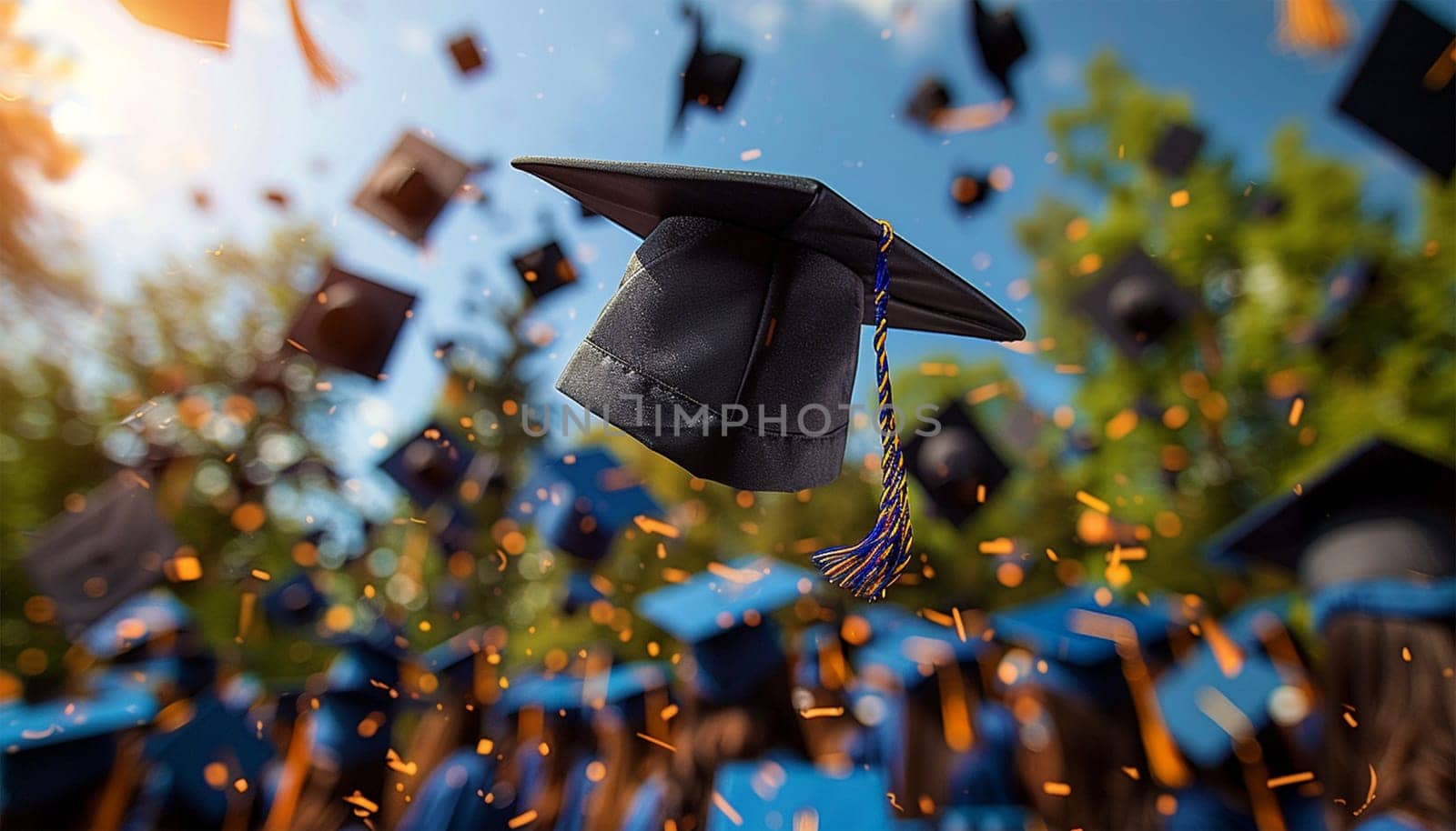 Graduation caps flying in the sky. Students celebrate graduation. education and people concept, students throwing graduation caps in the air festive