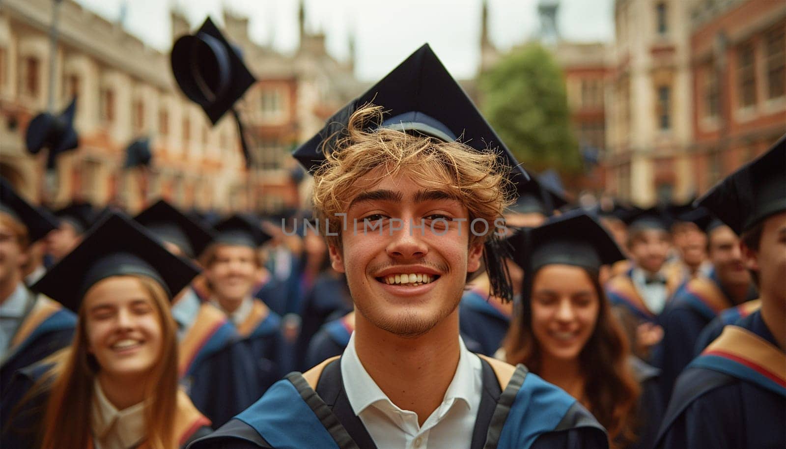 Group of Diverse International Graduating Students Celebrating. Diverse students celebrate graduation at high school. Academic journey festive