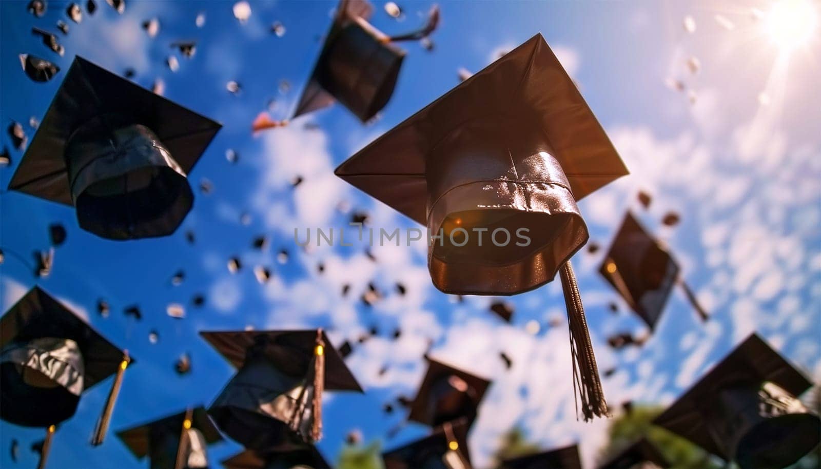Graduation caps flying in the sky. Students celebrate graduation. education and people concept, students throwing graduation caps in the air festive