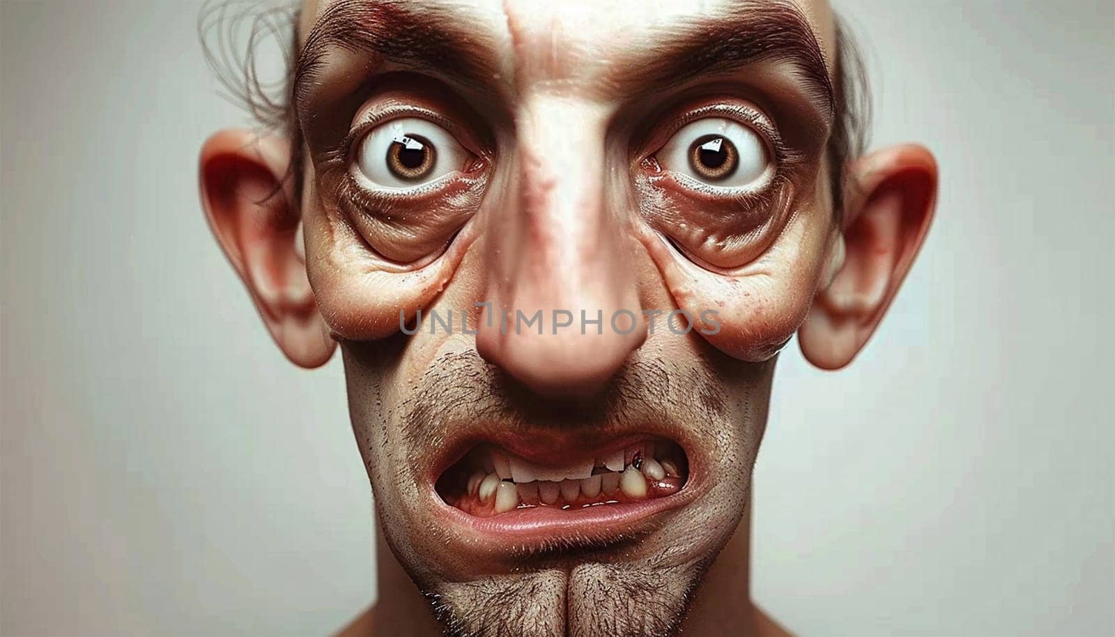 Animation of a ugly deformed face. Man is looking chocked and crazy. Bald man psychological stress struggling for life 3D cartoon