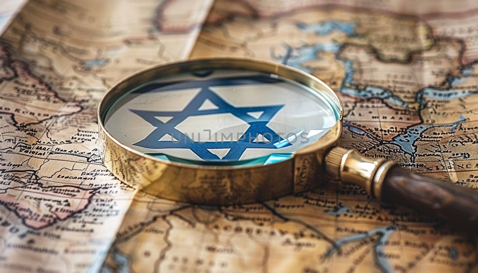 magnifying glass on map with Flag of Israel. Israel Flag Between Traveler's Accessories on Old Vintage Map. Overhead Shot Close up