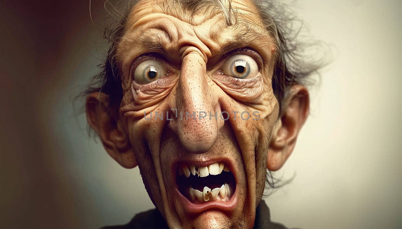 Animation of a ugly deformed face. Man is looking chocked and crazy. Bald man psychological stress struggling for life 3D cartoon