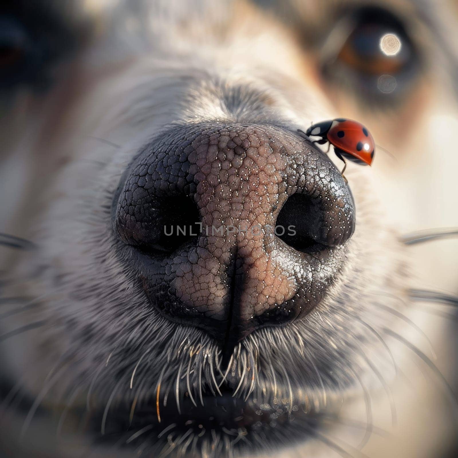 A ladybug ventures across the snout of a dog, its red and black shell standing out against the dog's textured skin. The image captures a charming interaction in nature.