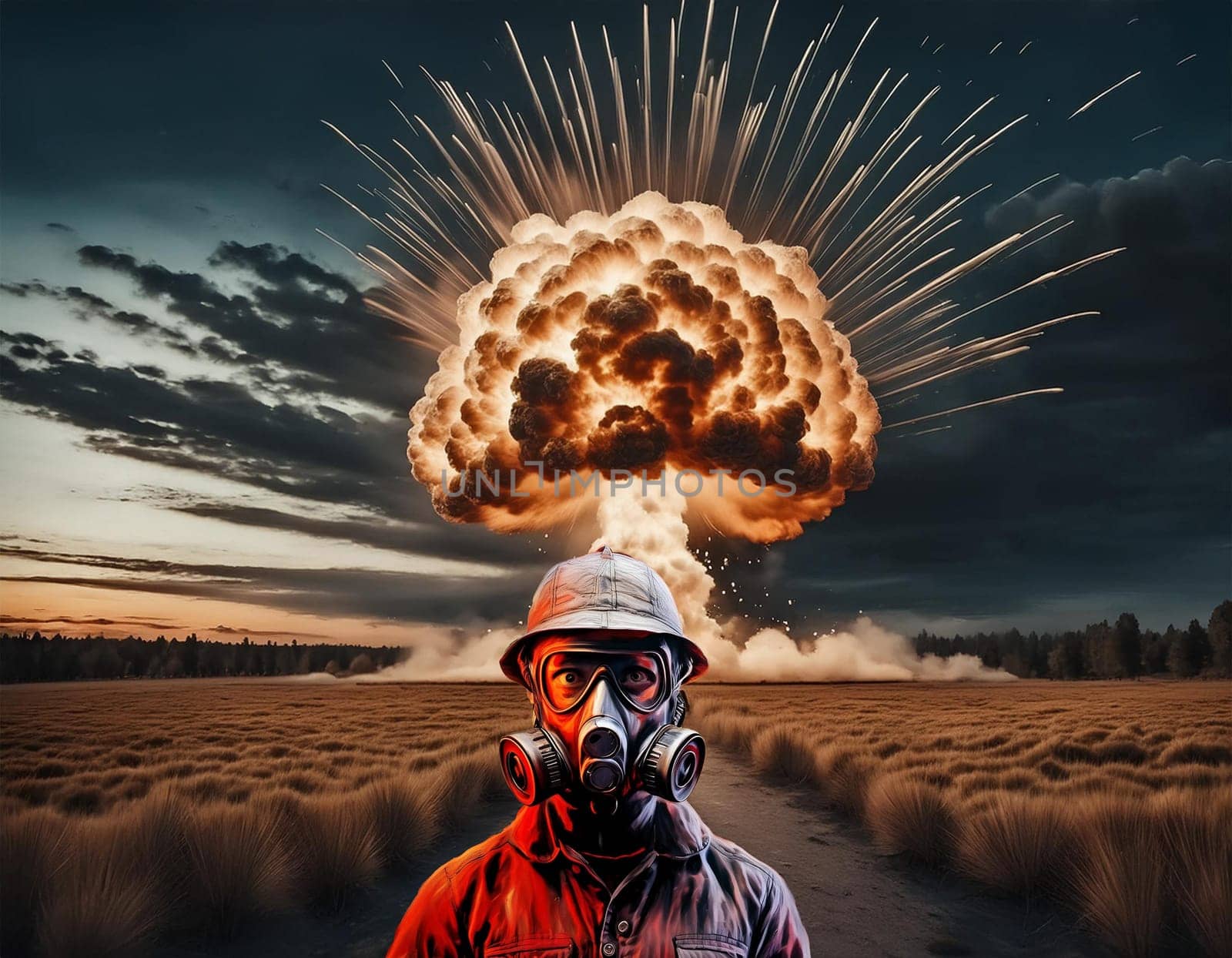 Nuclear explosion mushroom on planet Earth. Landscape of nuclear winter and apocalypse at the time of nuclear war
