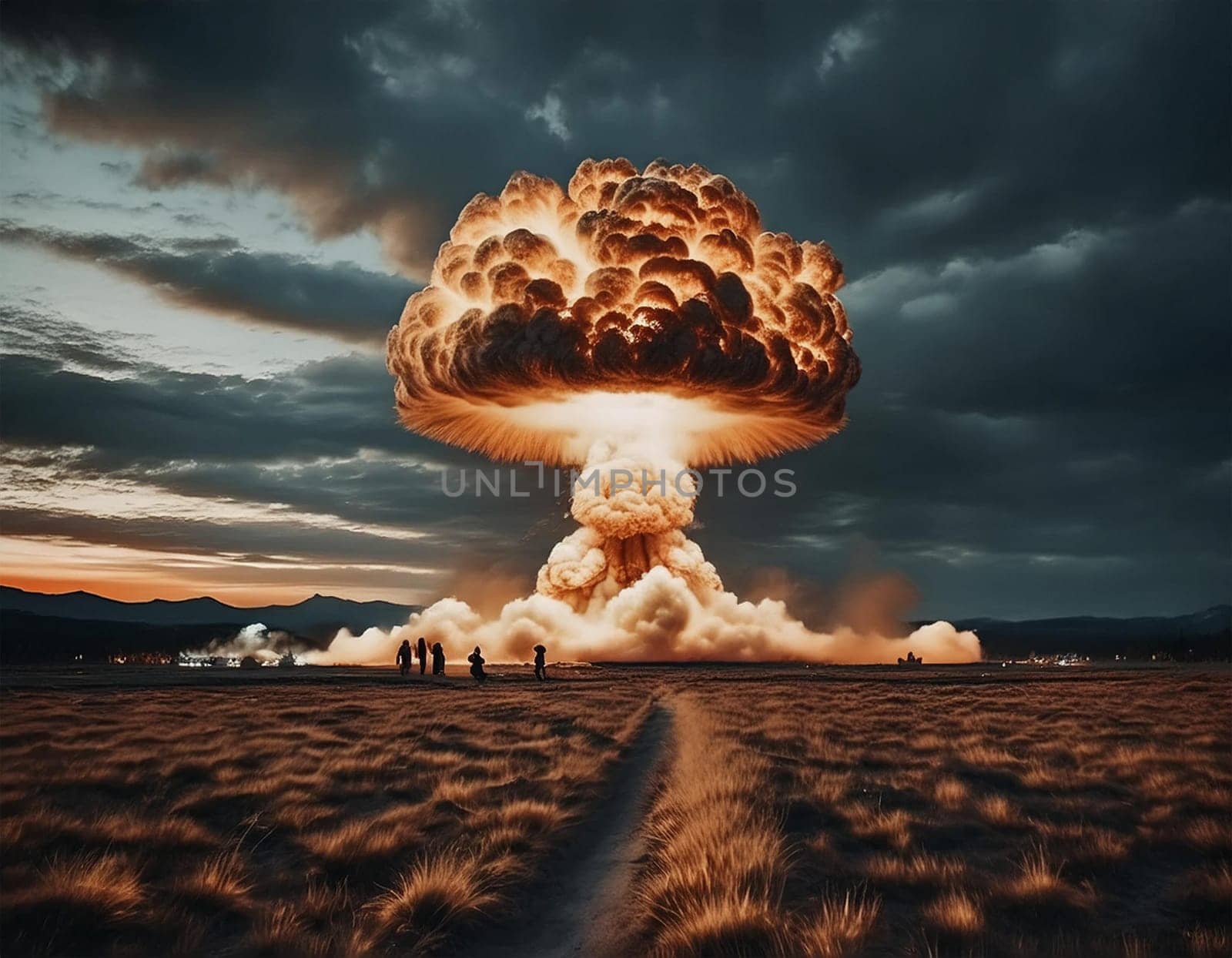 Nuclear explosion mushroom on planet Earth. Landscape of nuclear winter and apocalypse at the time of nuclear war