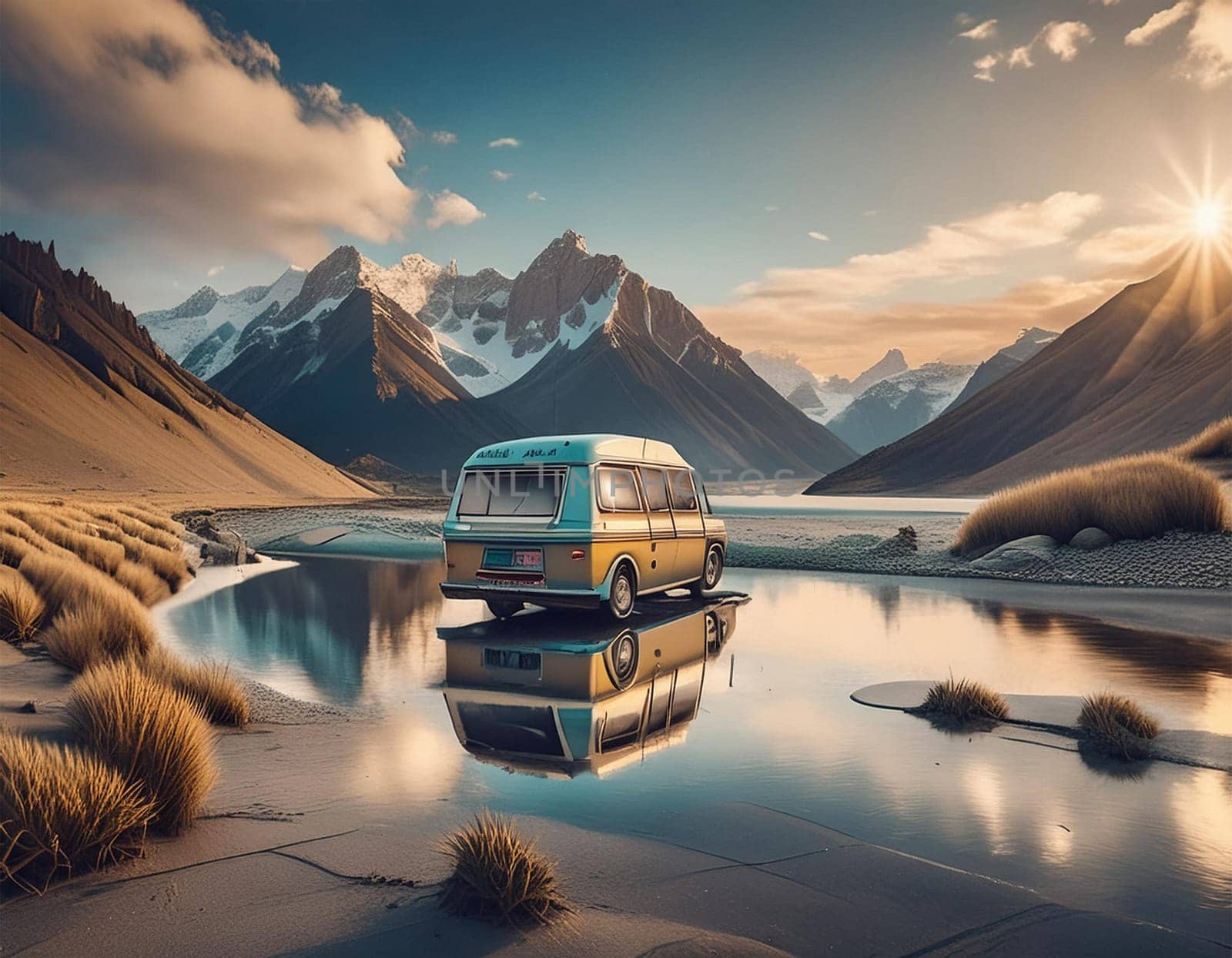 Minivan parking in a forest with campfire and tent, concept of camping, landing page template in illustration