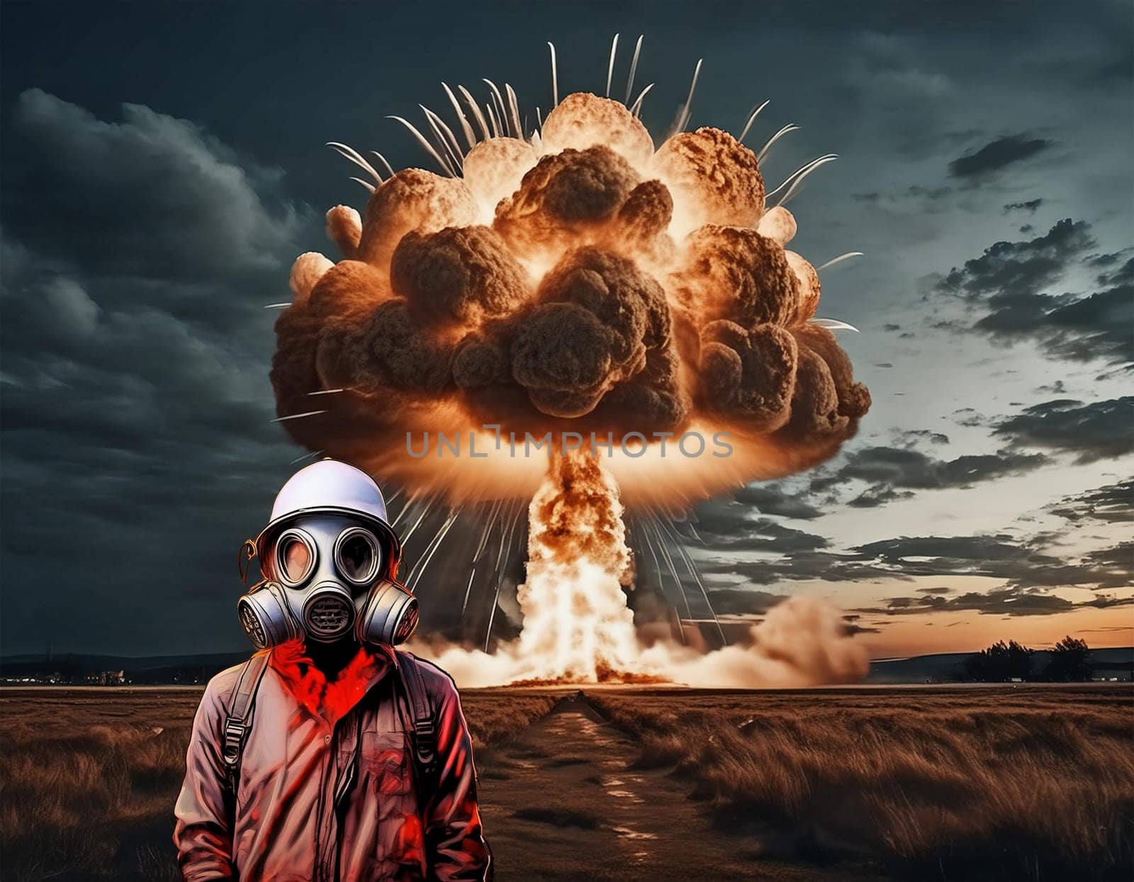 Nuclear explosion mushroom on planet Earth. Landscape of nuclear winter and apocalypse at the time of nuclear war