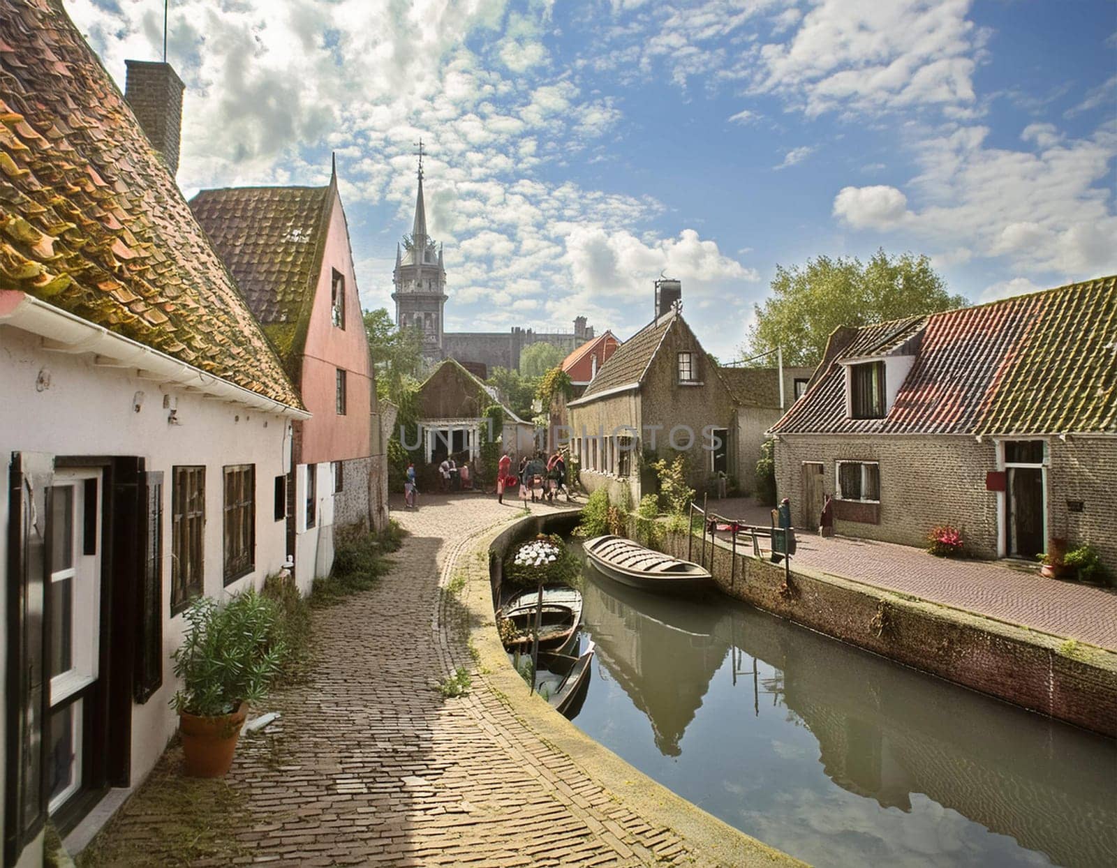 Panoramic view of old town in Europe in beautiful evening light at sunset with retro vintage Instagram style grunge filter and lens flare effect