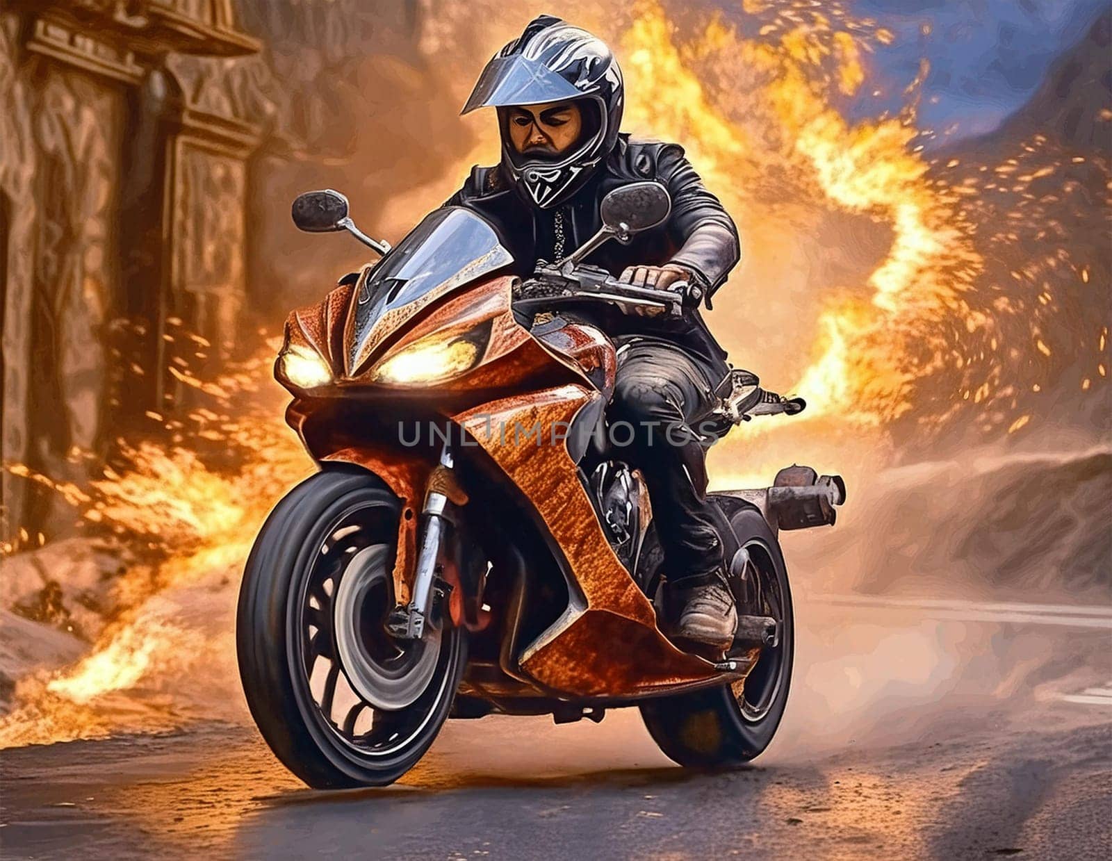 Riding a motorcycle on the street. Have fun driving along empty roads on a motorcycle tour. Copyspace for your individual text.