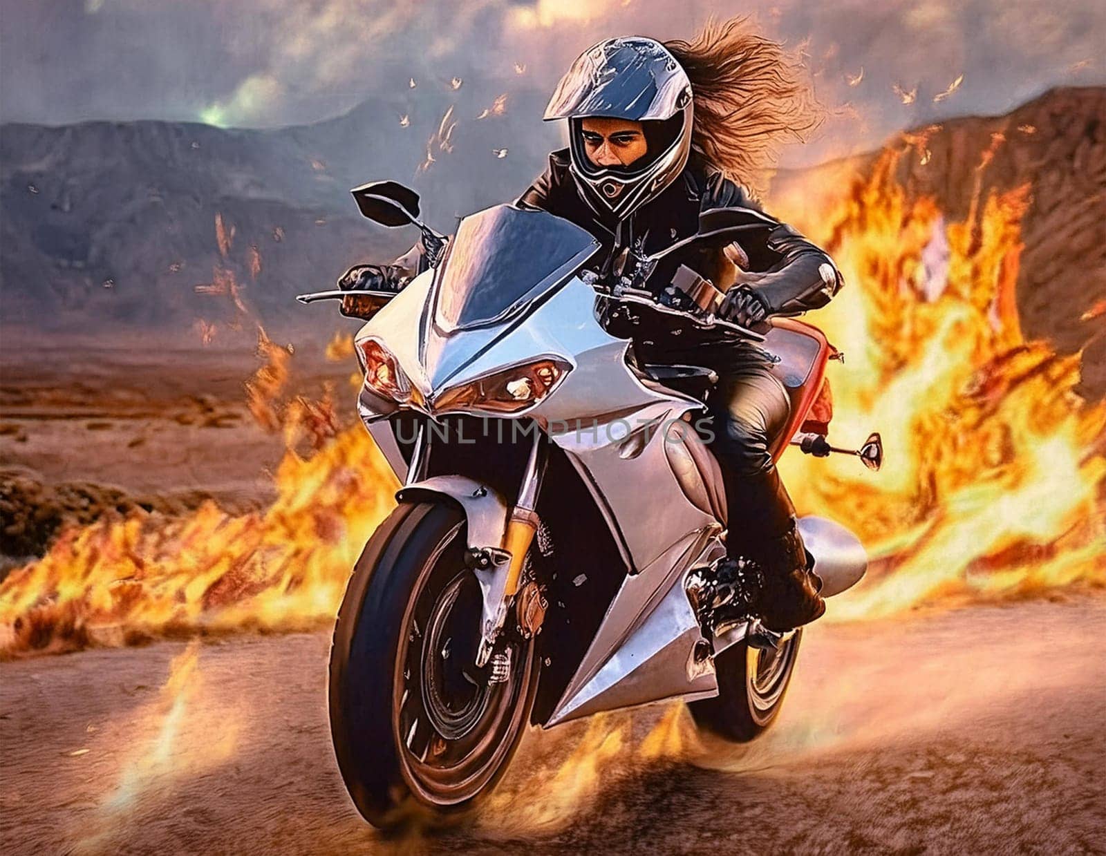 Riding a motorcycle on the street. Have fun driving along empty roads on a motorcycle tour. Copyspace for your individual text.