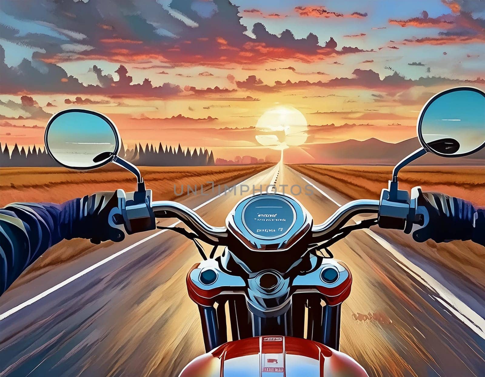 Riding a motorcycle on the street. Have fun driving along empty roads on a motorcycle tour. Copyspace for your individual text.