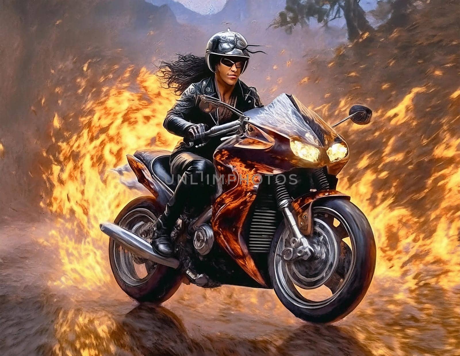 Riding a motorcycle on the street. Have fun driving along empty roads on a motorcycle tour. Copyspace for your individual text.
