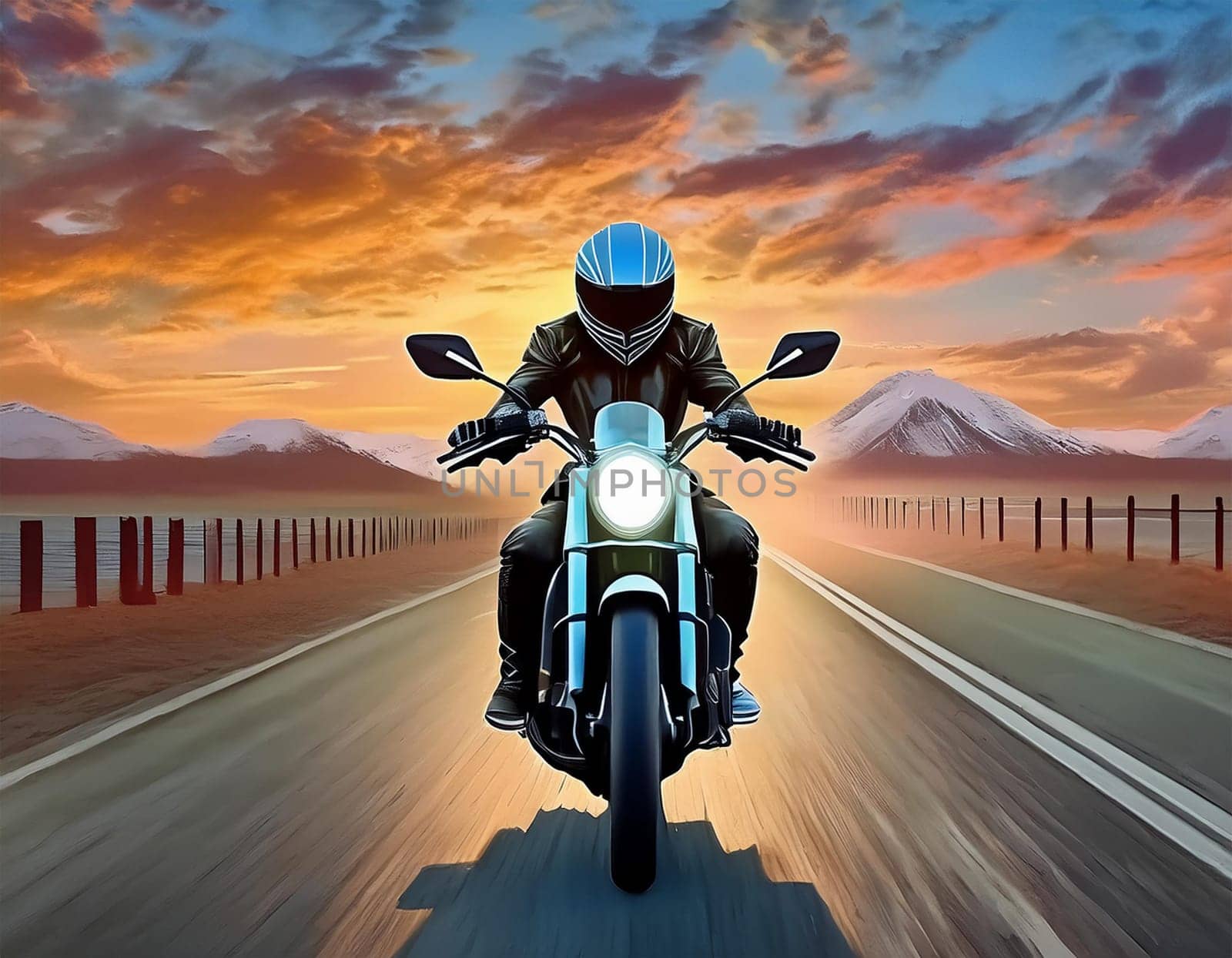 Riding a motorcycle on the street. Have fun driving along empty roads on a motorcycle tour. Copyspace for your individual text.