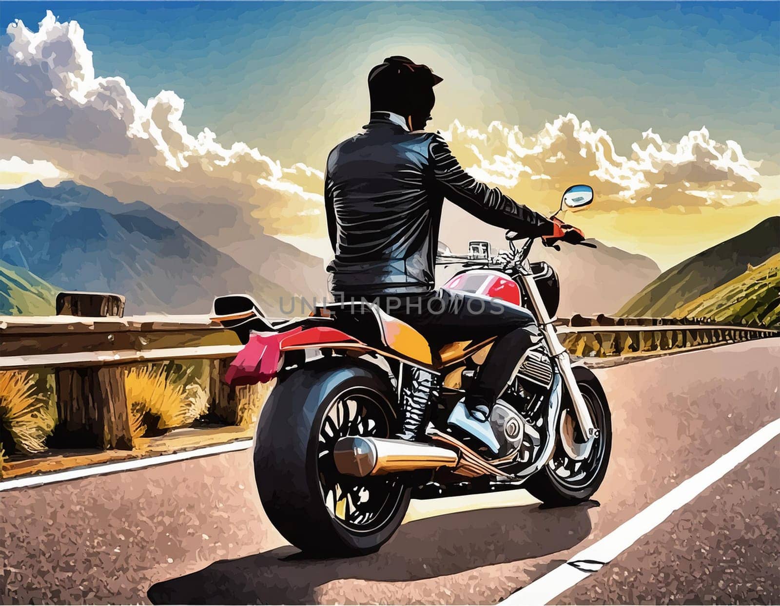 Riding a motorcycle on the street. Have fun driving along empty roads on a motorcycle tour. Copyspace for your individual text.