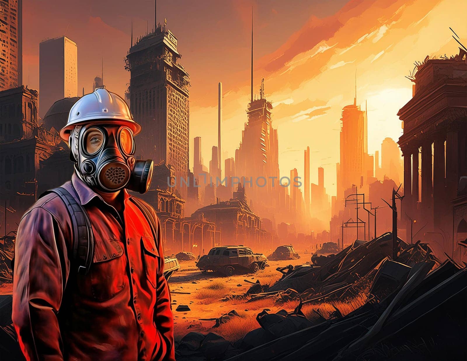 Post-apocalyptic ruined city, destroyed buildings, burned-out vehicles, destroyed streets