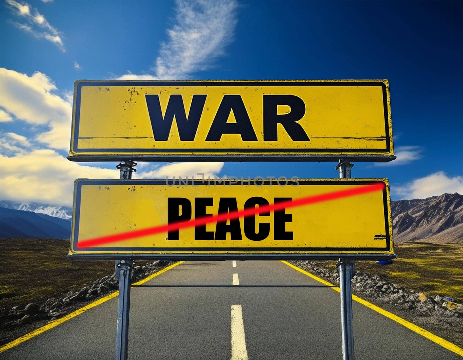 German traffic sign with the German words for peace and war - war and peace against a blue and gray sky