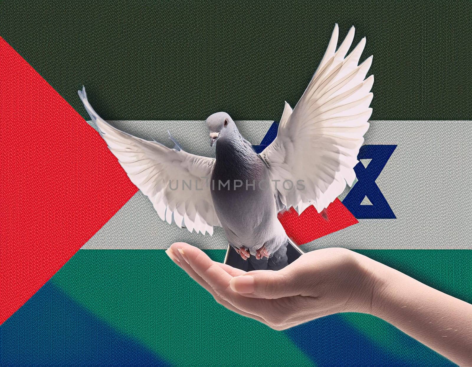 Israeli and Palestine flag with a peace dove - Peace for Palestine, no war Sky with peace dove in sun