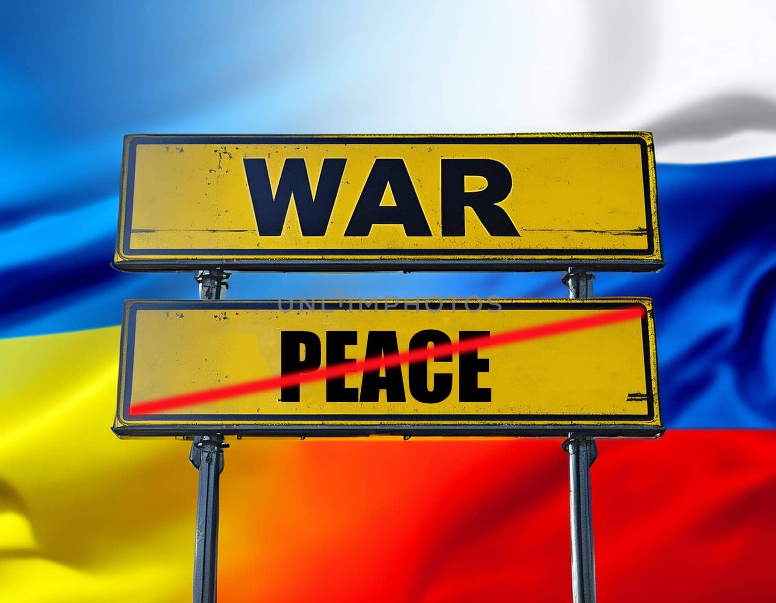 German traffic sign with the German words for peace and war - War and Peace in front of the Ukrainian and Russian flags