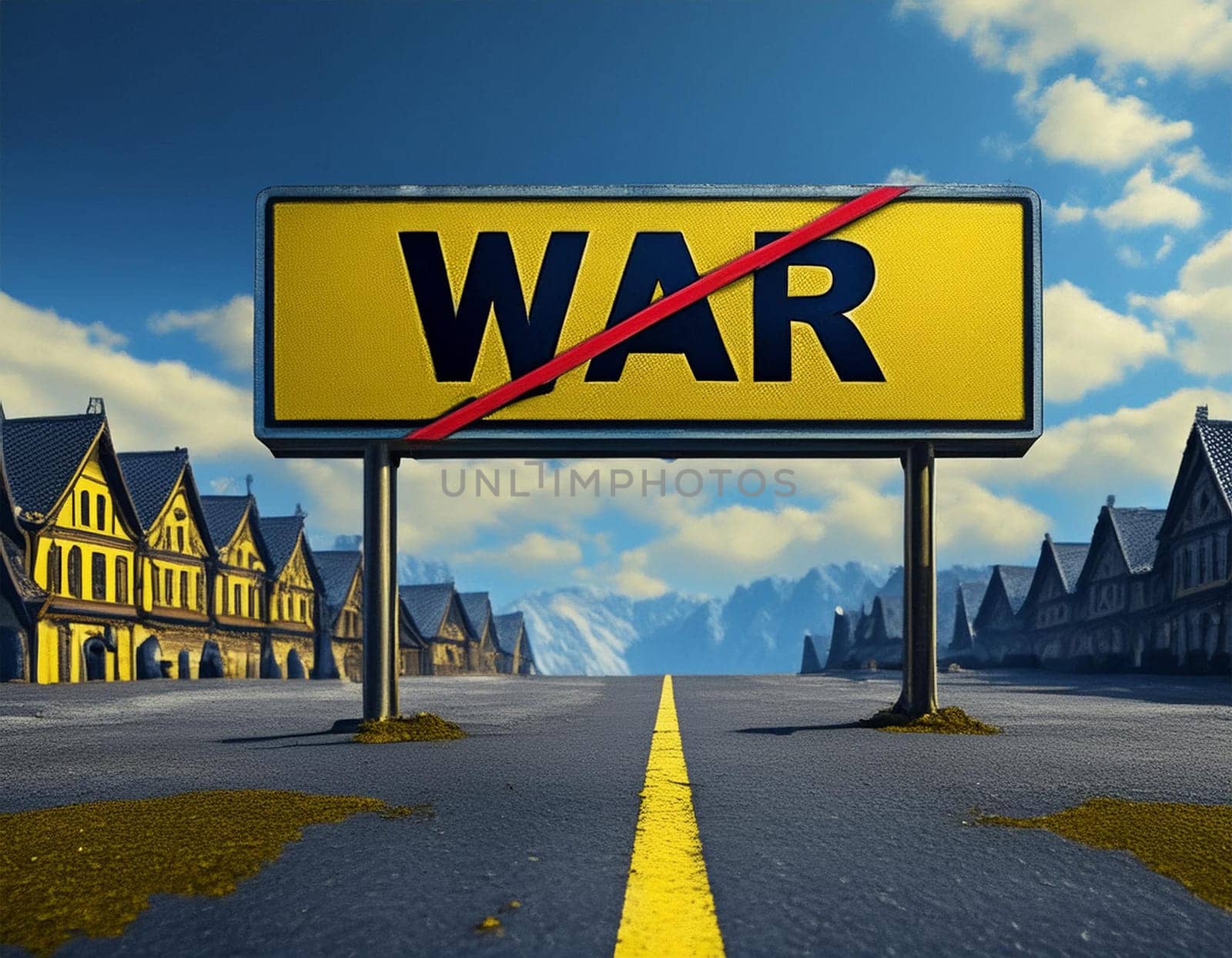 German traffic sign with the German words for peace and war - war and peace against a blue and gray sky