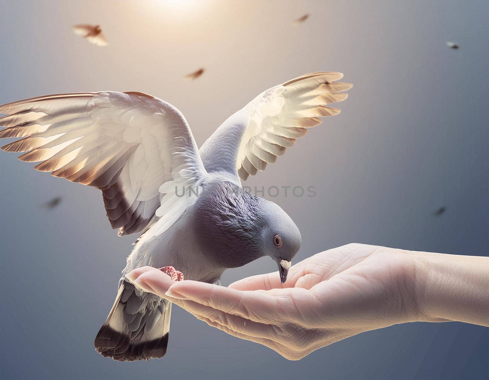 Woman Hand praying and free bird enjoying nature with sunset on background, hope concept