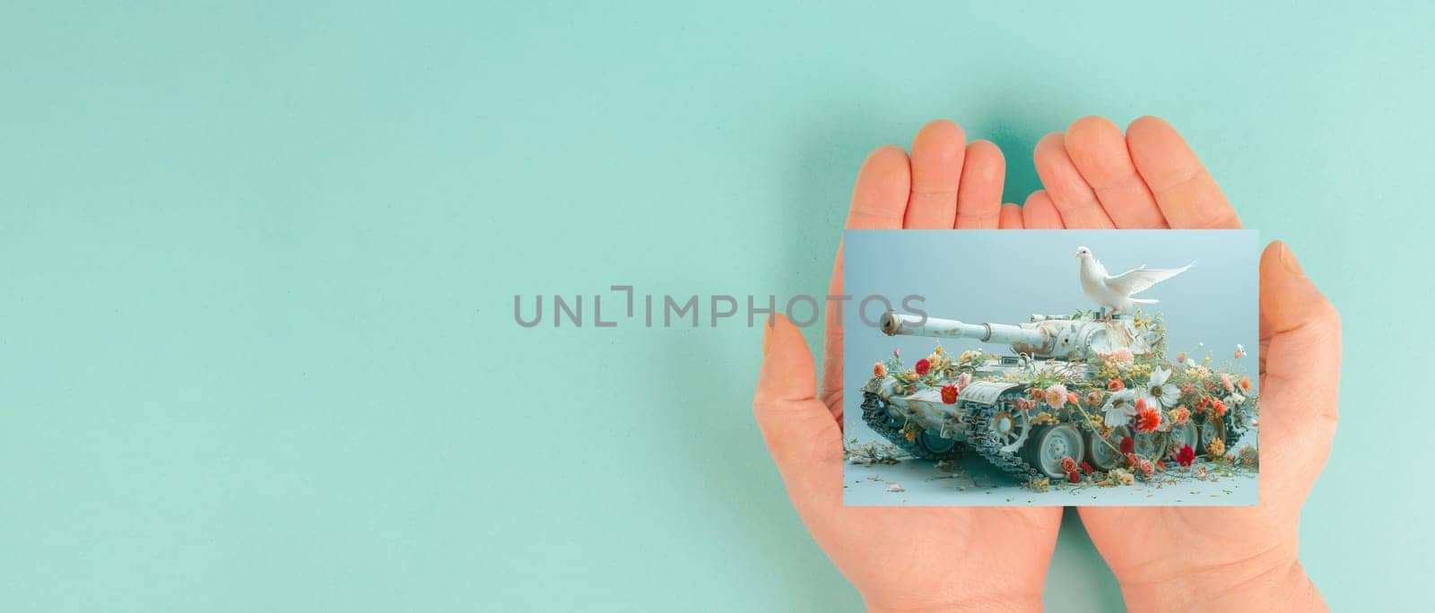 Army tank covered with flowers, dove of peace, ceasefire, end of war, military weapon