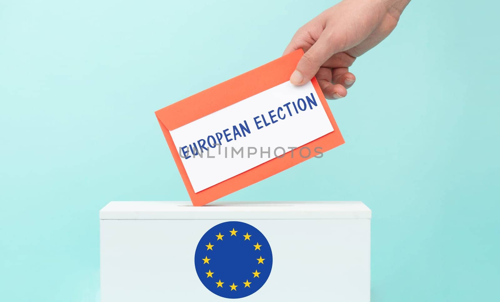 EU election, ballot box, european union flag, blue and yellow stars, citizens of Europe voting Parliament