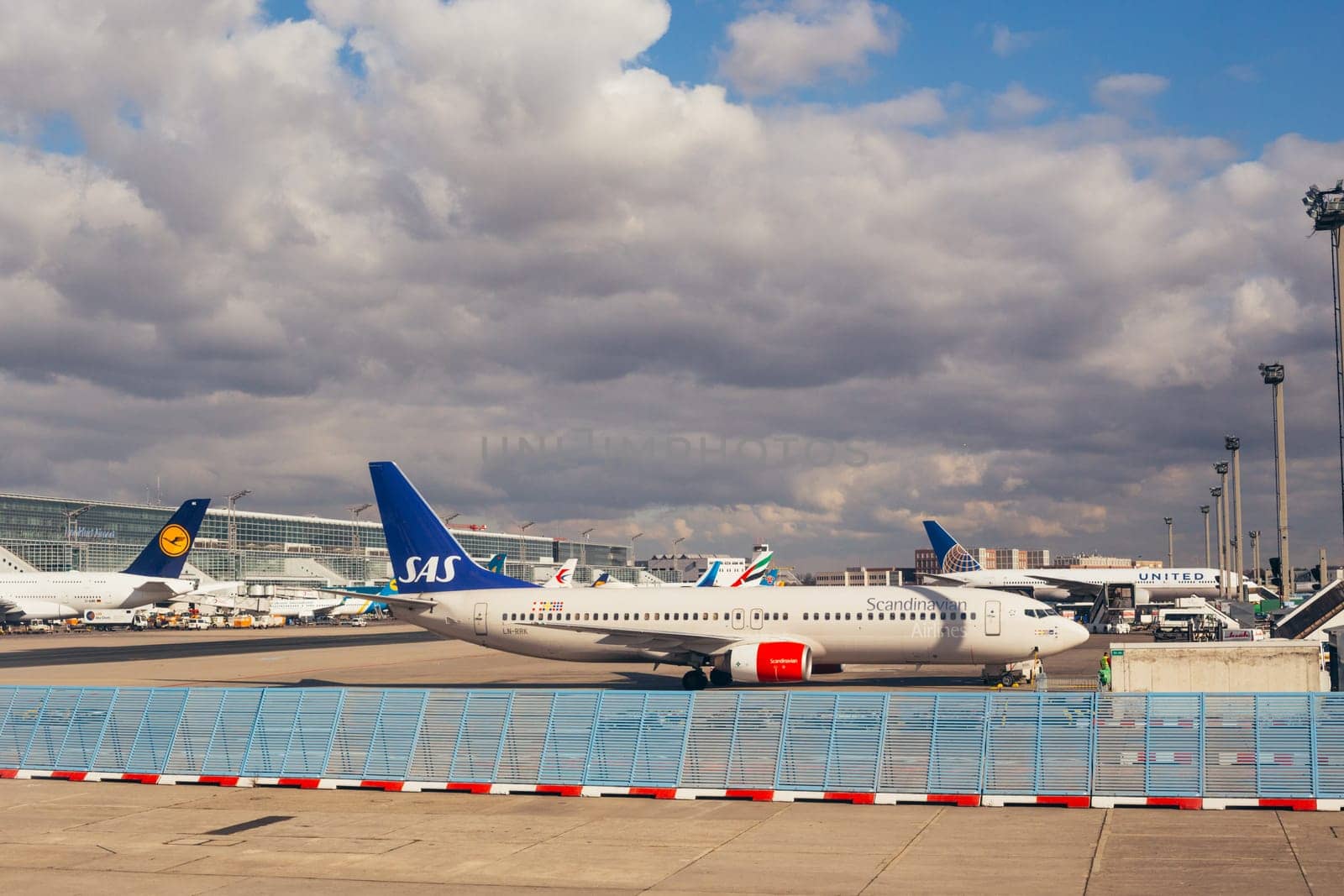 FRANKFURT,GERMANY-FEB 13: Lufhansa, SAS and United airlines planes on Frankfurt airport on February 13,2018 in Frankfurt,Germany.