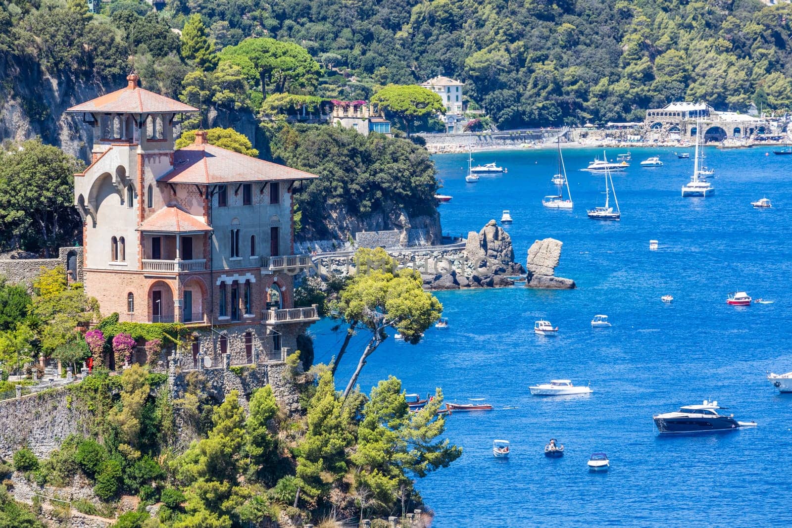 Portofino, Italy - 7 August 2023: scenic panorama with sea and luxury yacht. Italy travel destionation