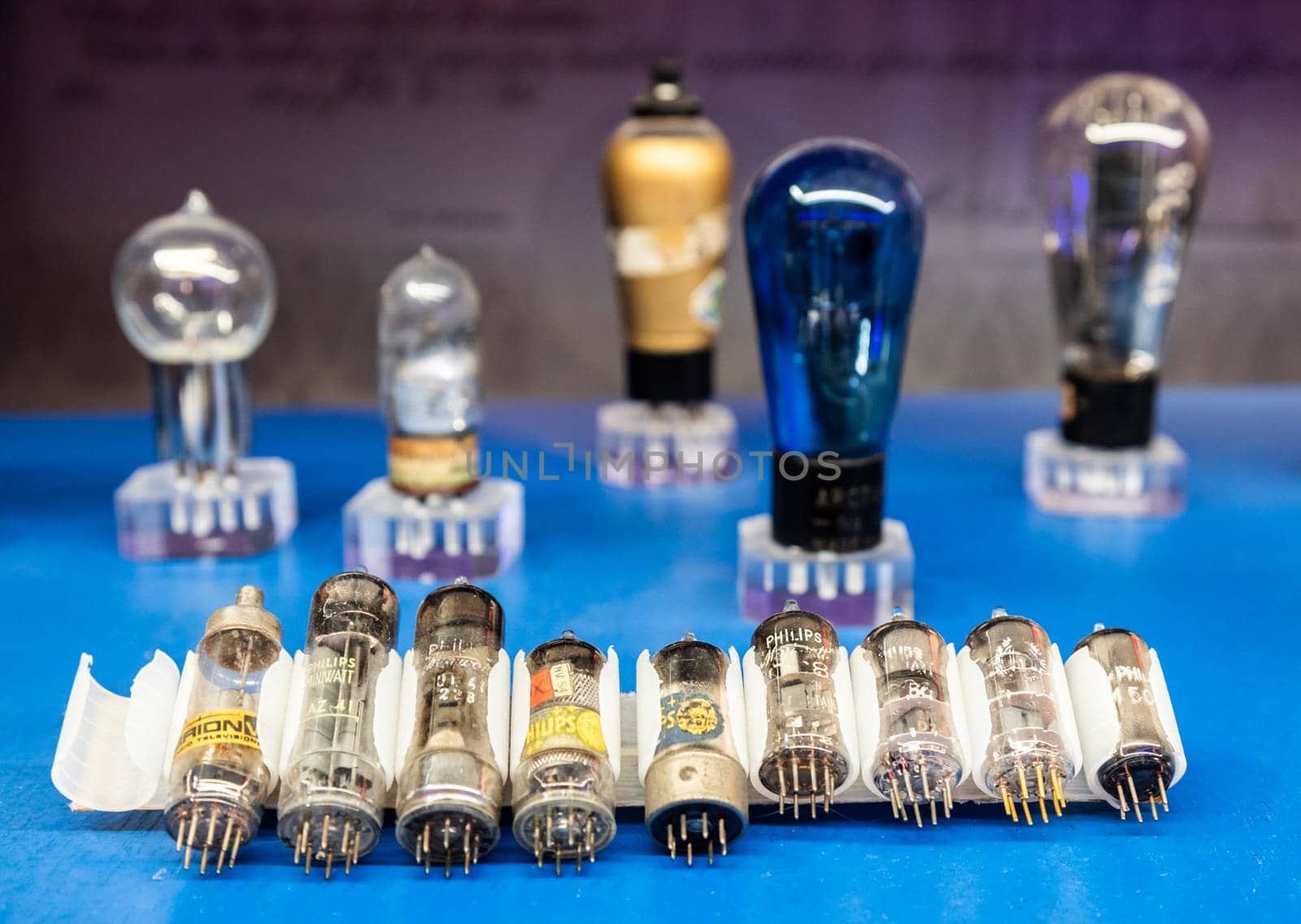 Turin, Italy - 30 April 2024. Museum of Radio and Television. Series of old thermoelectronic tubes and valves.