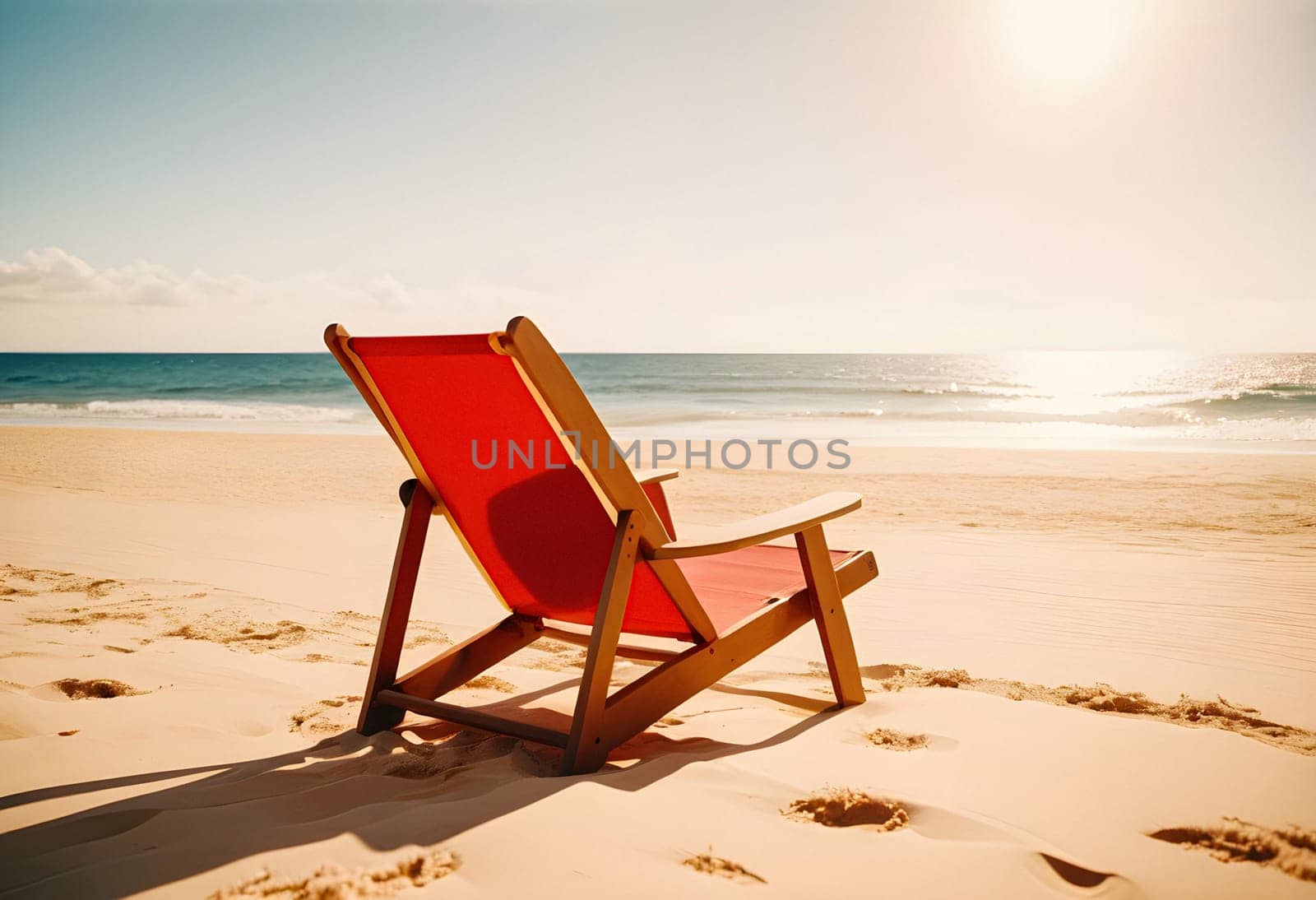 AI generated of a red beach chair on the sand with the sun shining on the water