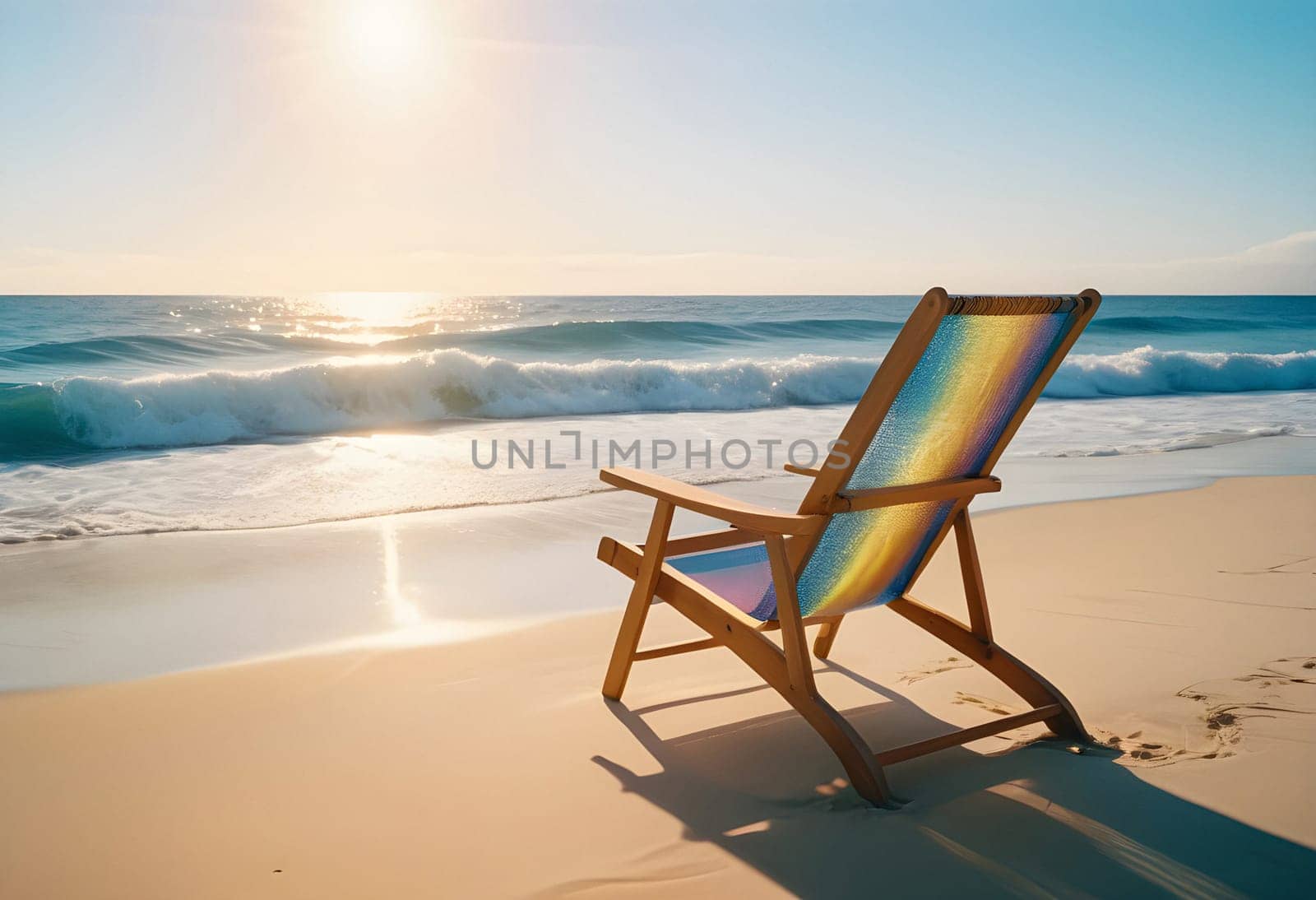 AI generated of a beach chair on the sand with the sun setting behind it