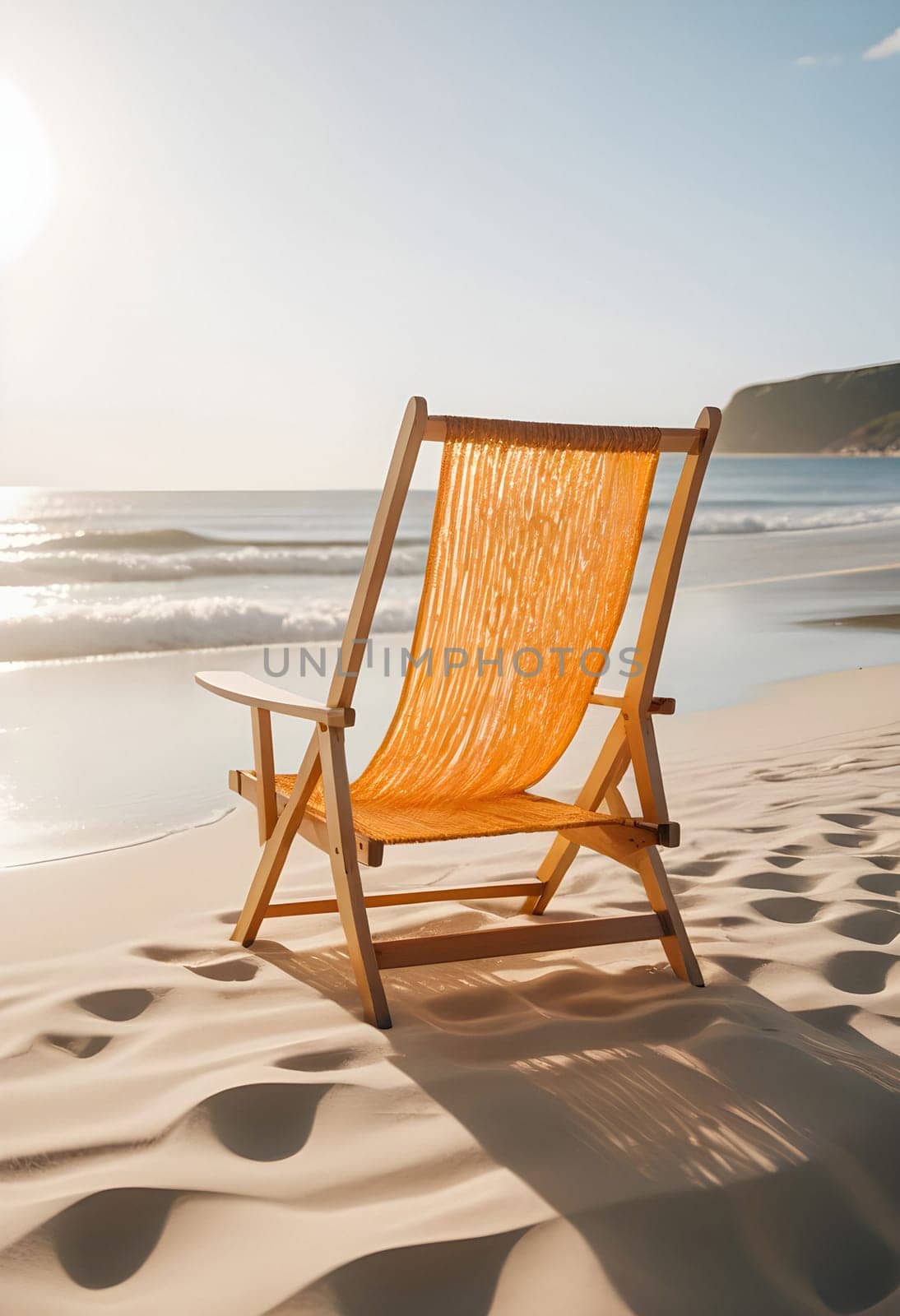 AI generated of a beach chair with an orange cloth on it sitting on the sand with the sun shining on it