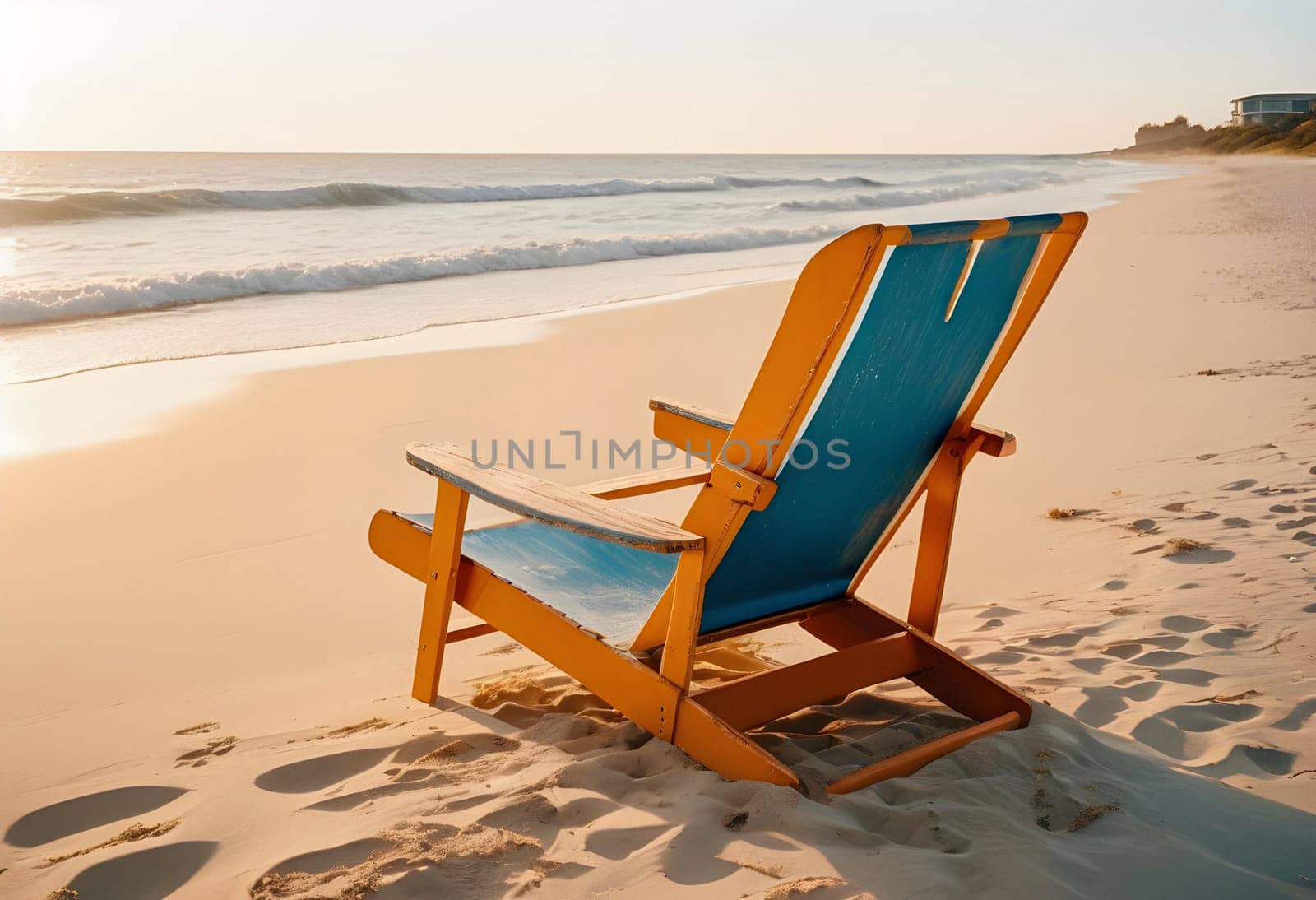 AI generated of a wooden beach chair sits on the beach at sunset
