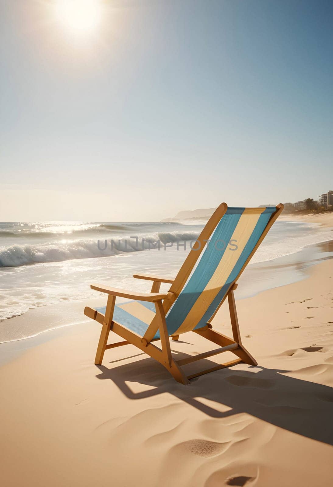 AI generated of a beach chair sits on the sand with the sun shining