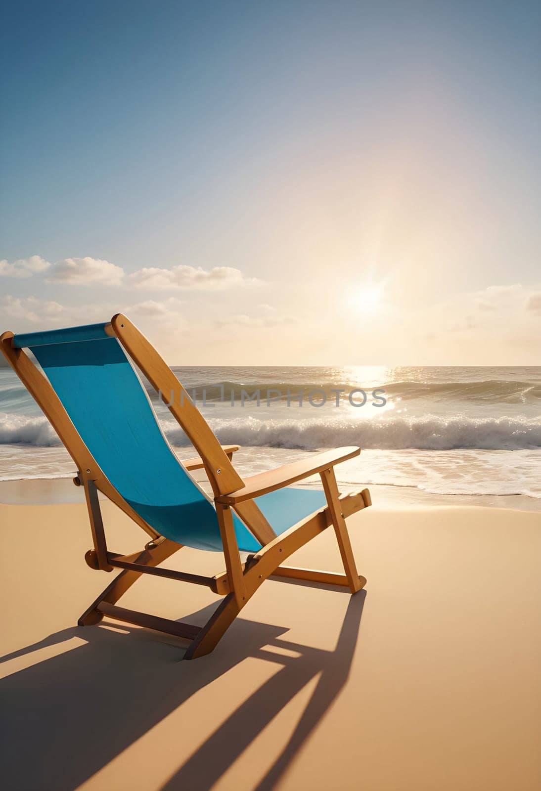 AI generated of a beach chair on the sand with the sun setting