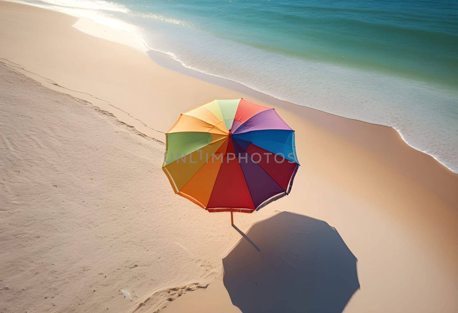 AI generated of a rainbow colored umbrella is on the beach and the ocean is blue