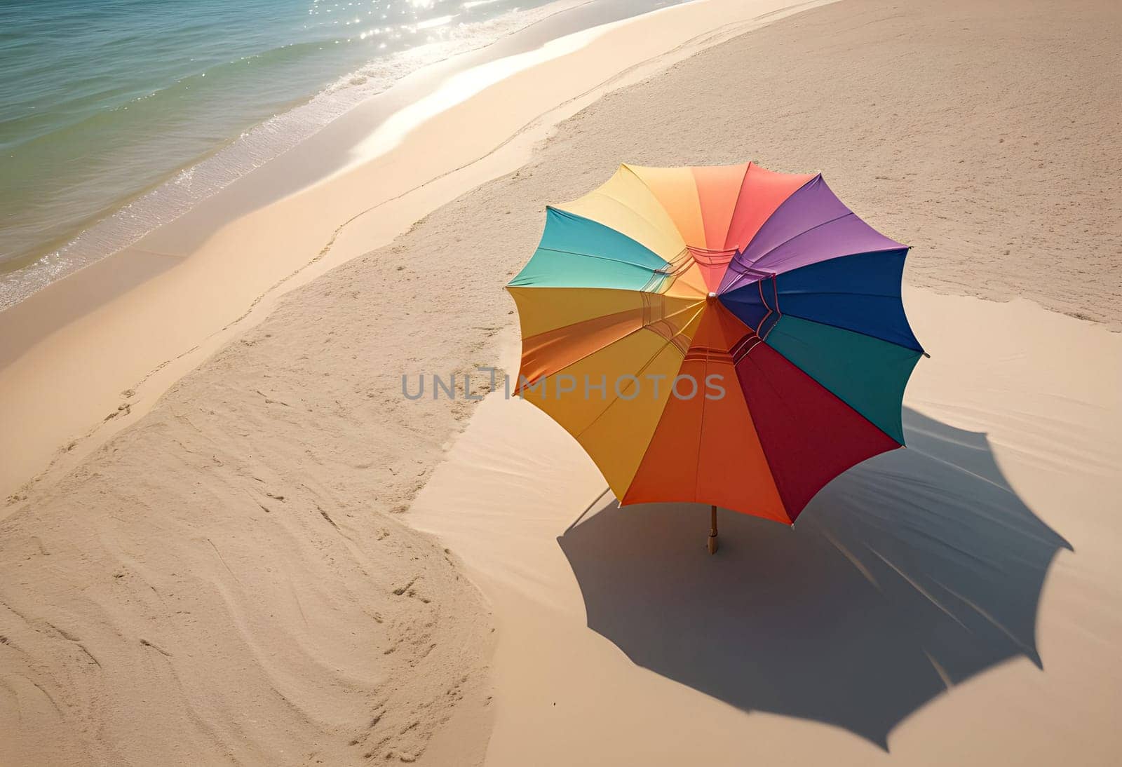 AI generated of a colorful umbrella on a sandy beach