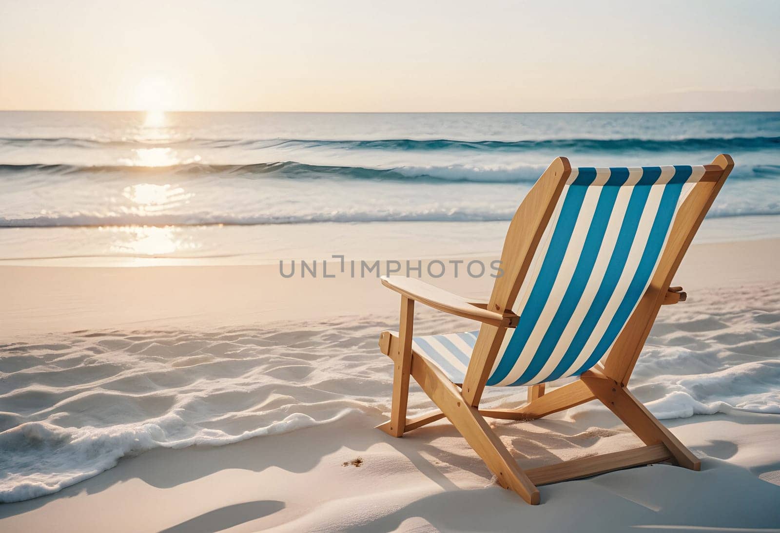 AI generated of a beach chair is on the sand with the sun setting behind it